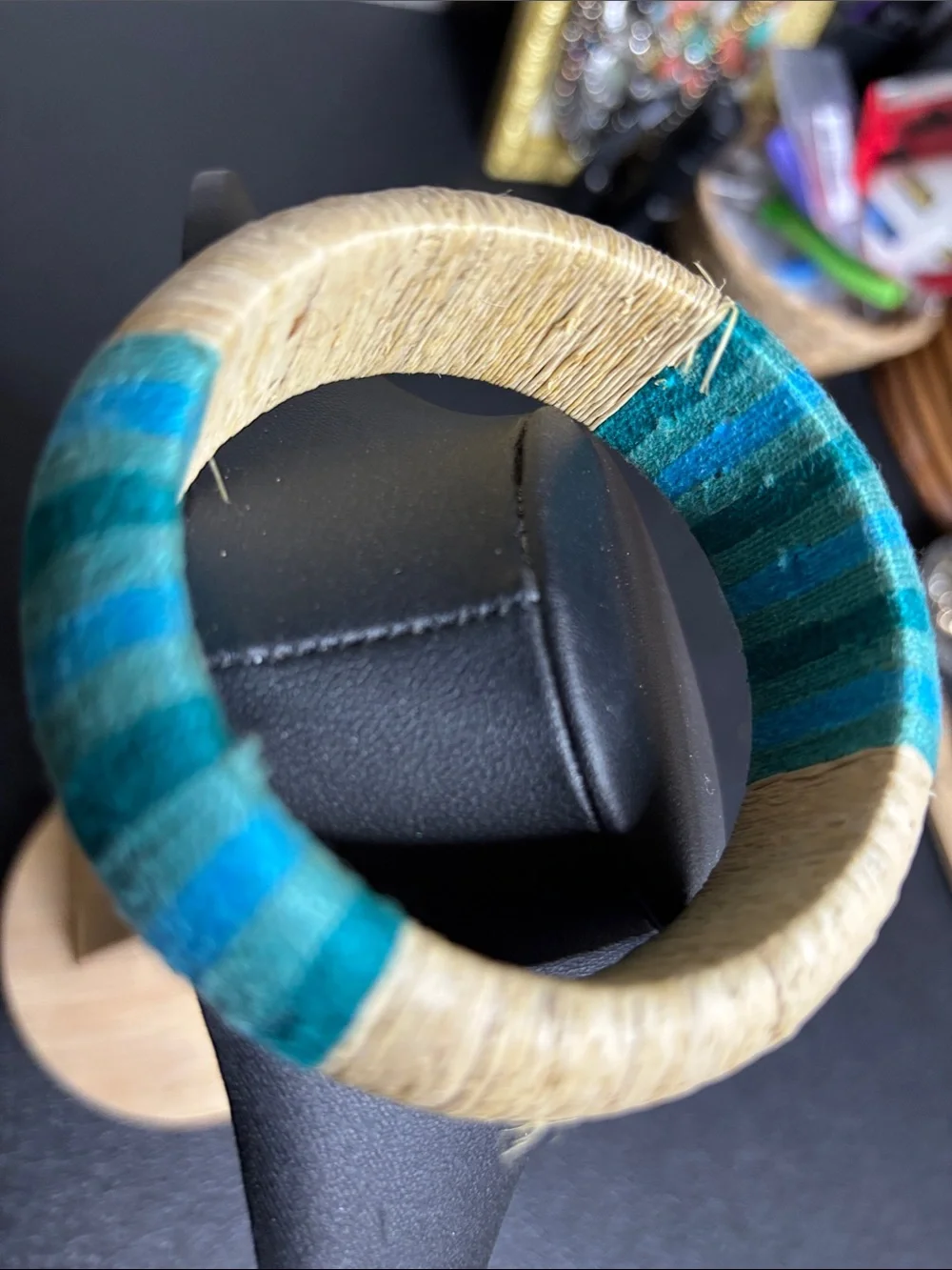 Boho Resort Hand-Wrapped Blue & Natural Straw Bangle Bracelet